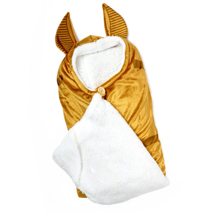 Harry Potter™ Golden Snitch™ hooded blanket, soft gold fleece with wings, button collar and white inner lining.