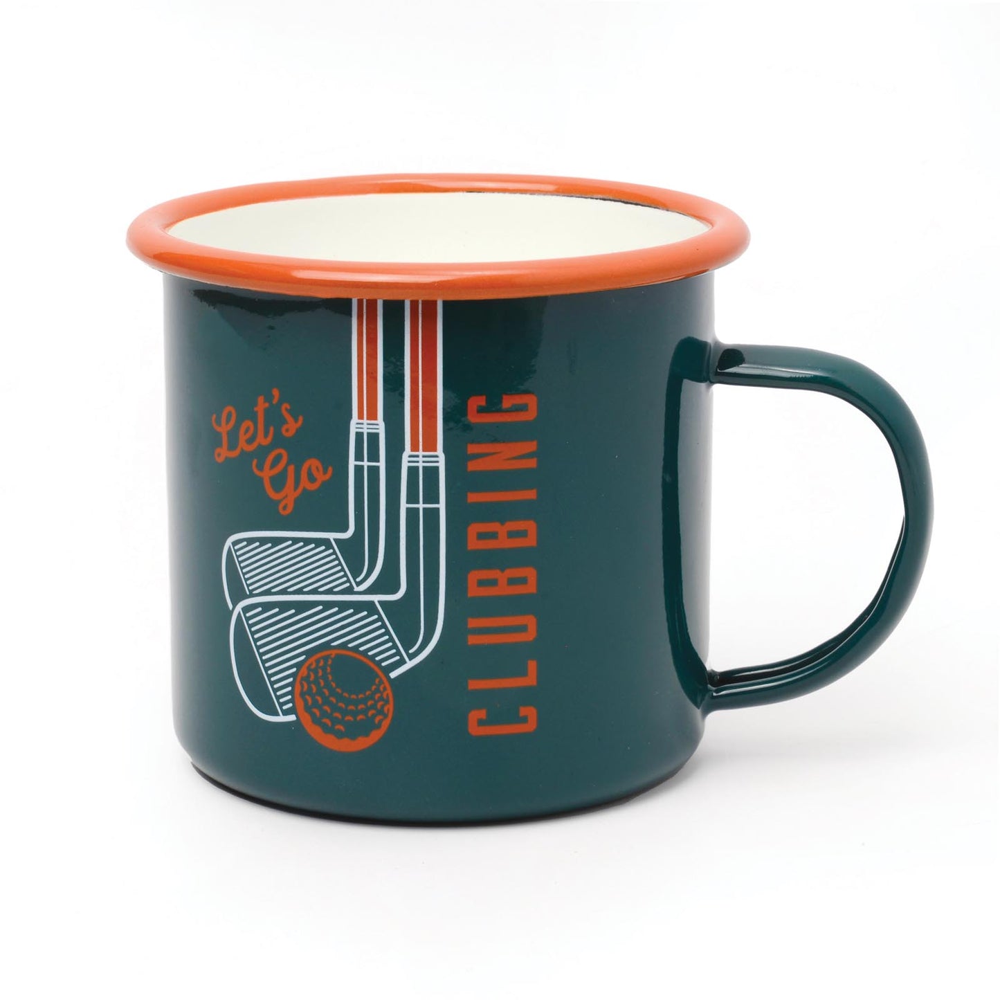 Enamel mug - Golf featuring a graphic design of golf clubs and ball, with a green finish and orange rim, angled view.
