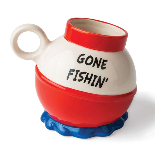 BigMouth - Gone Fishin' Mug, ceramic cup with red and white design, angled view showcasing decorative base.