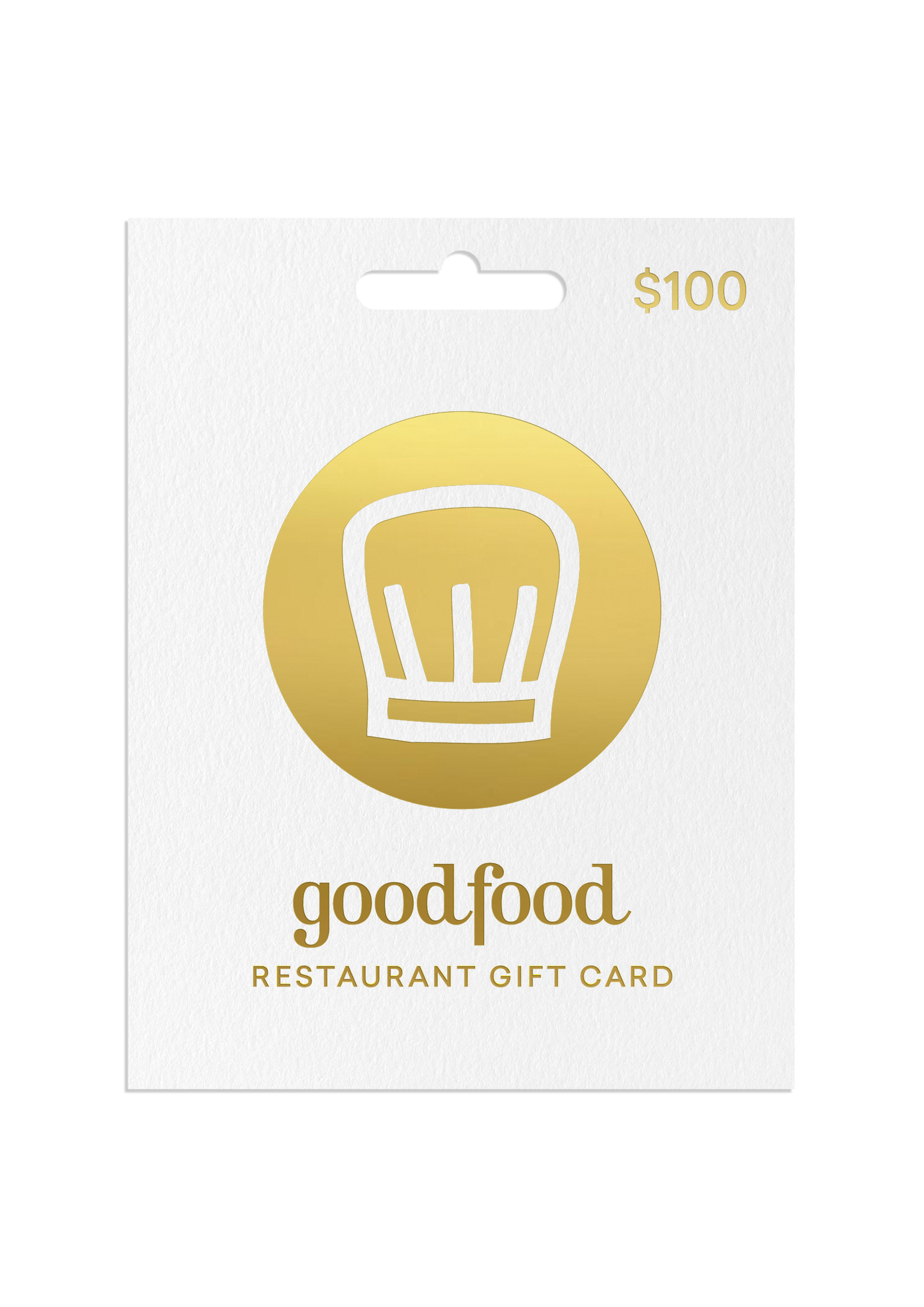 Goodfood restaurant gift card with a gold circle and white logo on a white background