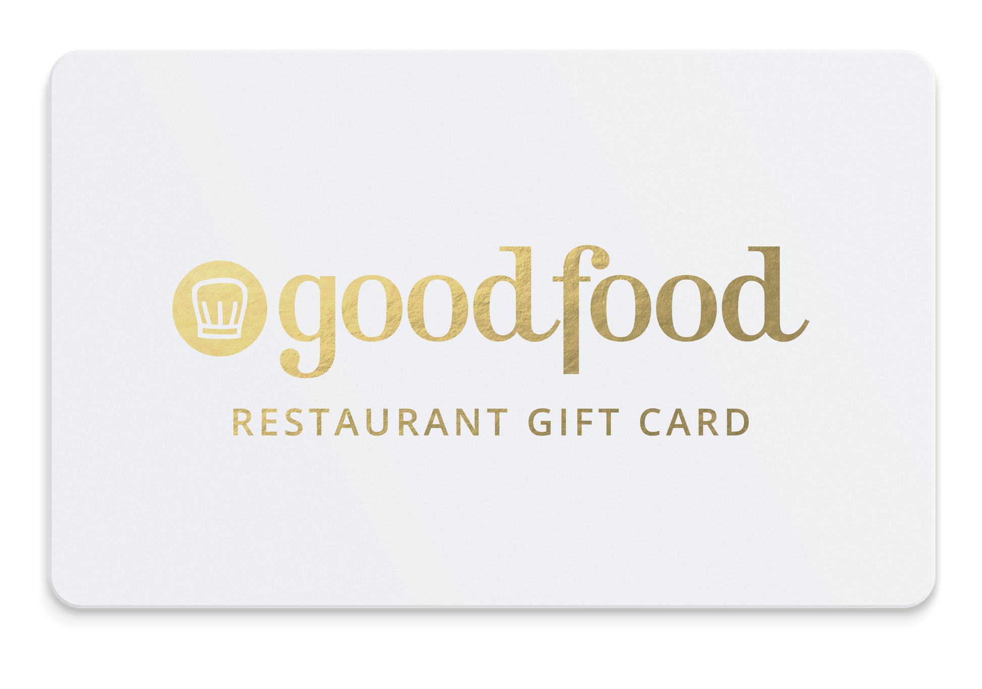 Goodfood Restaurant Gift Card with gold text on a white background