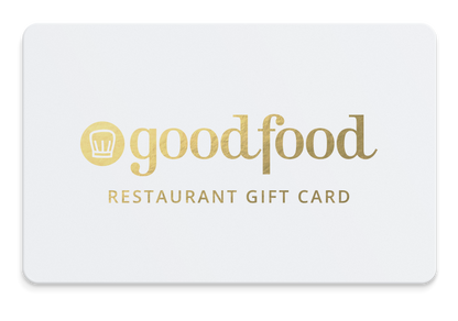 Goodfood Restaurant Gift Card with gold text on a white background