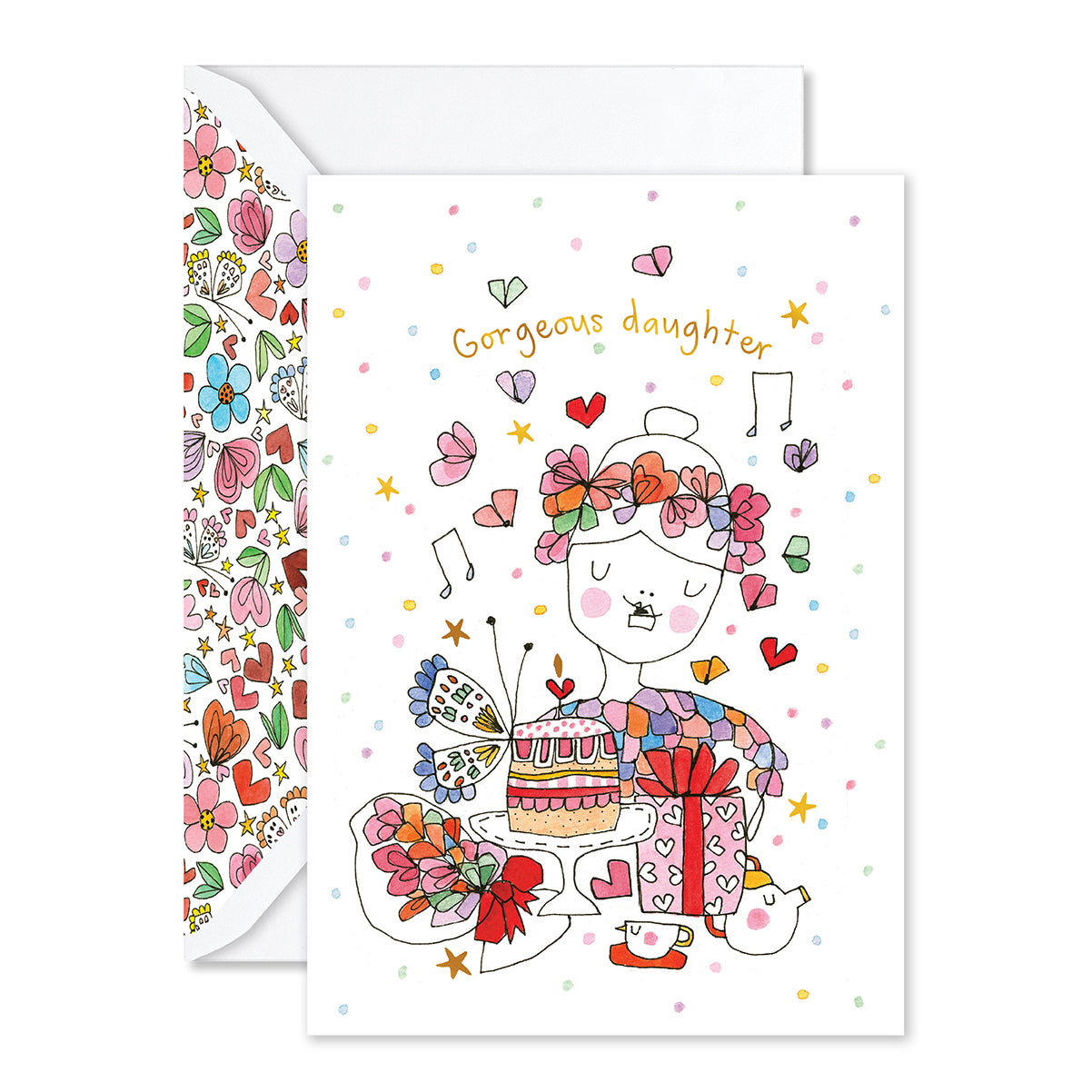 Greeting card with a colorful illustration of a girl and floral design on a white background