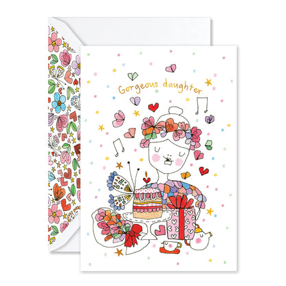 Greeting card with a colorful illustration of a girl and floral design on a white background