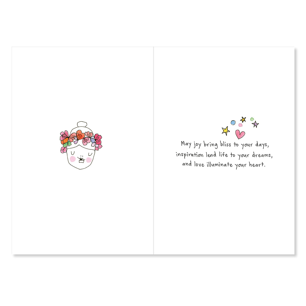 Greeting card with a face with flowers, stars, and hearts on a white background