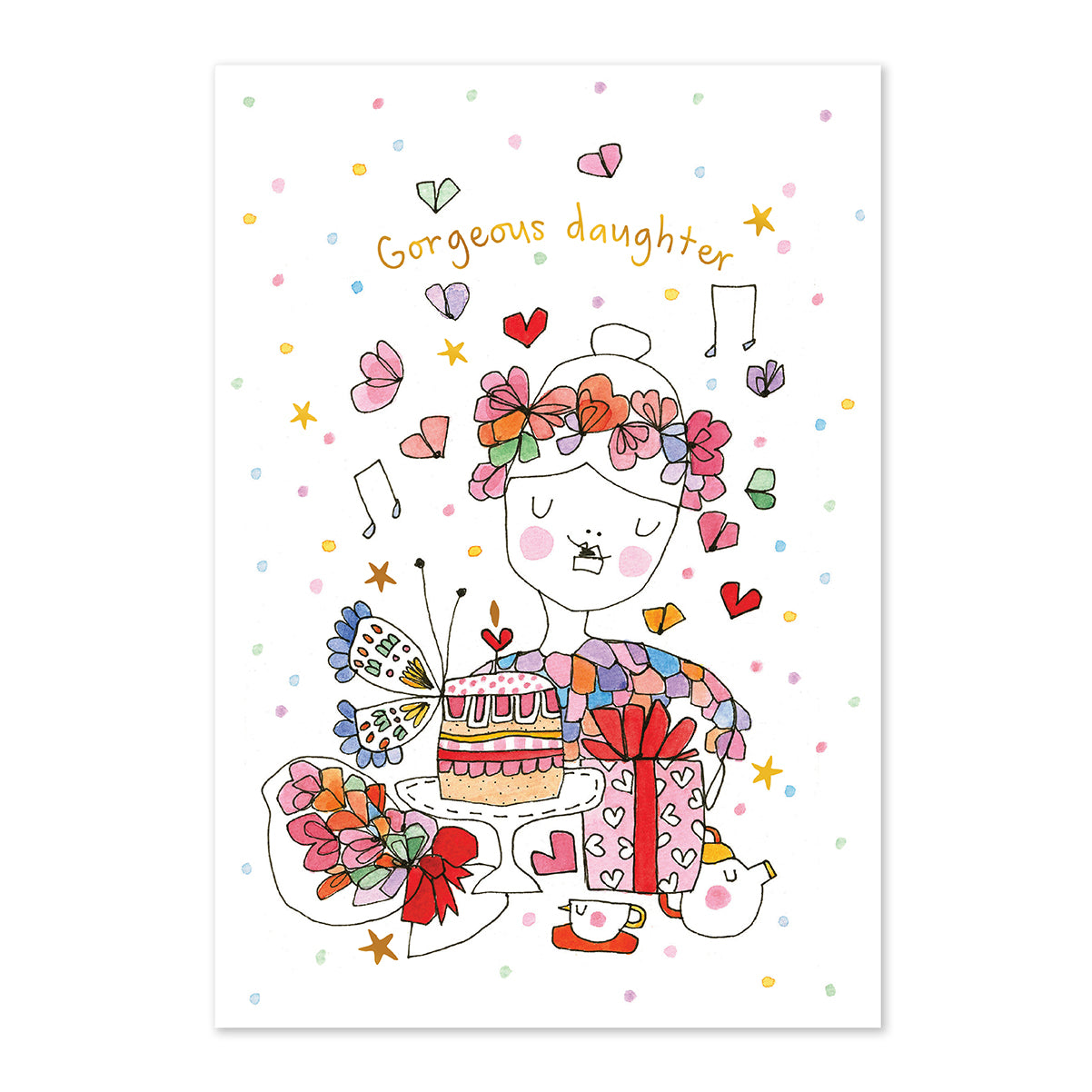 Illustration of a girl with butterflies, flowers, and a cake on a white background with colorful dots.