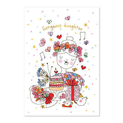 Illustration of a girl with butterflies, flowers, and a cake on a white background with colorful dots.
