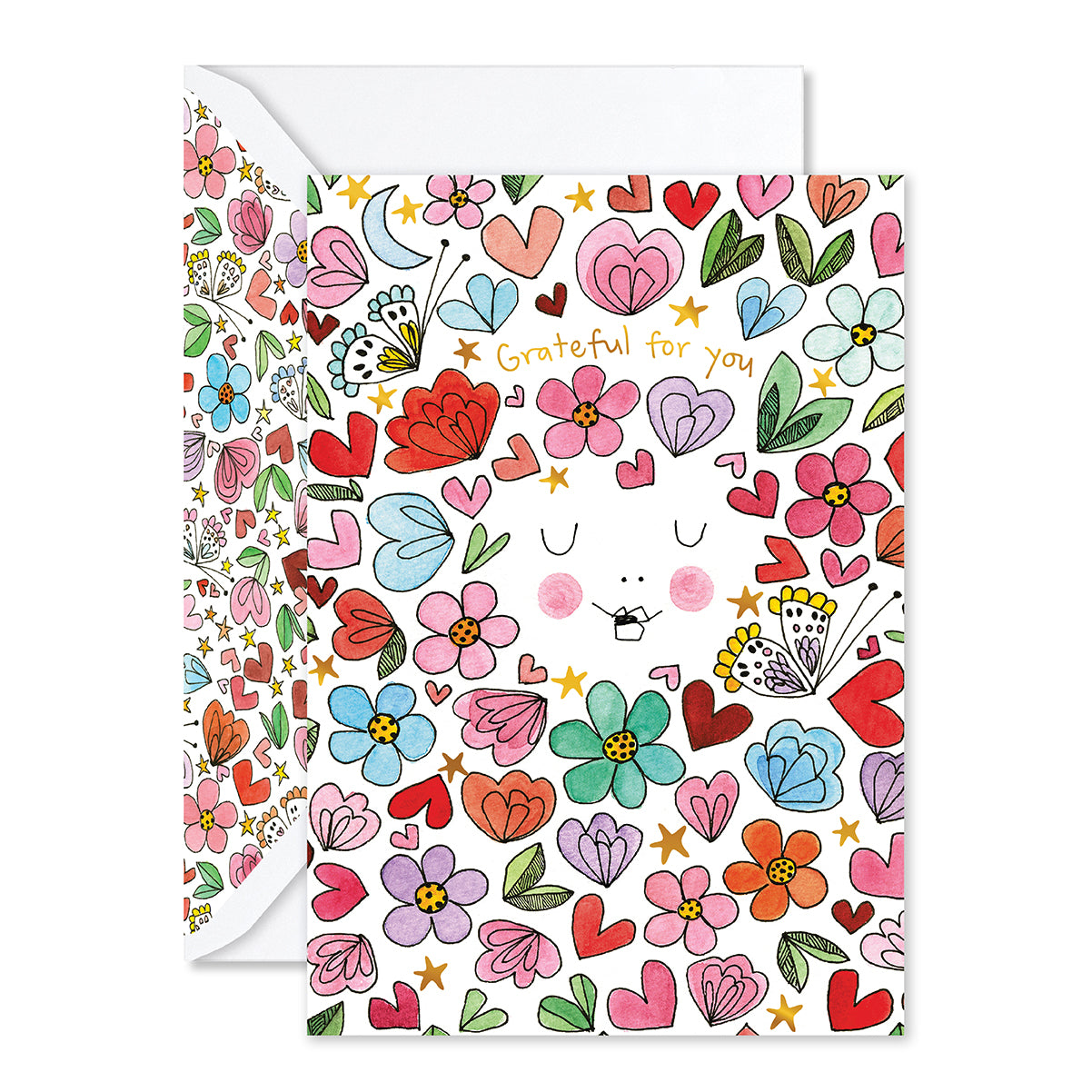 Colorful floral and heart patterned card with 'Grateful for You' text on a white background