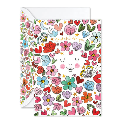 Colorful floral and heart patterned card with 'Grateful for You' text on a white background