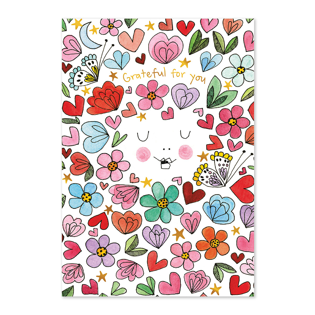 Colorful floral and heart pattern with 'Grateful for you' text on a white background