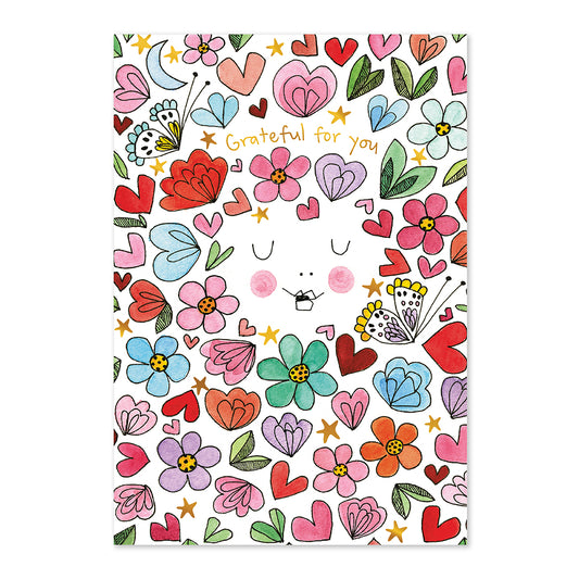 Colorful floral and heart pattern with 'Grateful for you' text on a white background