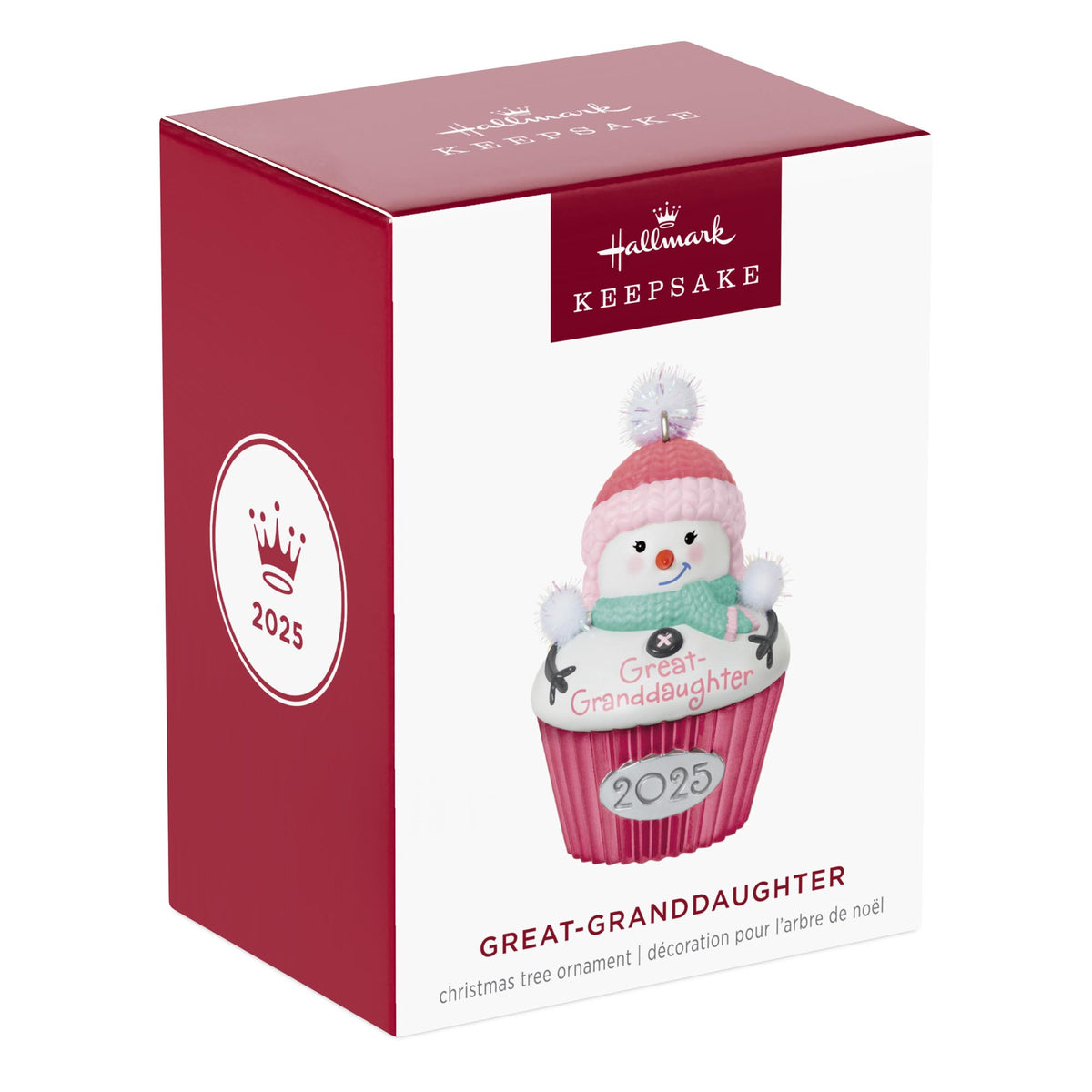 Great-Granddaughter — 2025 Hallmark Keepsake Christmas Ornament in gift box featuring a snow-girl cupcake design.
