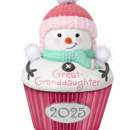 Great-Granddaughter — 2025 Hallmark Keepsake Christmas Ornament, cupcake design, snow-girl in pink and green, detailed craftsmanship.