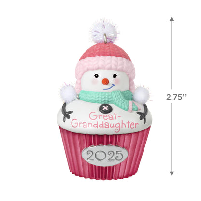 Great-Granddaughter — 2025 Hallmark Keepsake Christmas Ornament in pink and green, featuring a snow-girl styled as a cupcake, 2.75 inches tall.