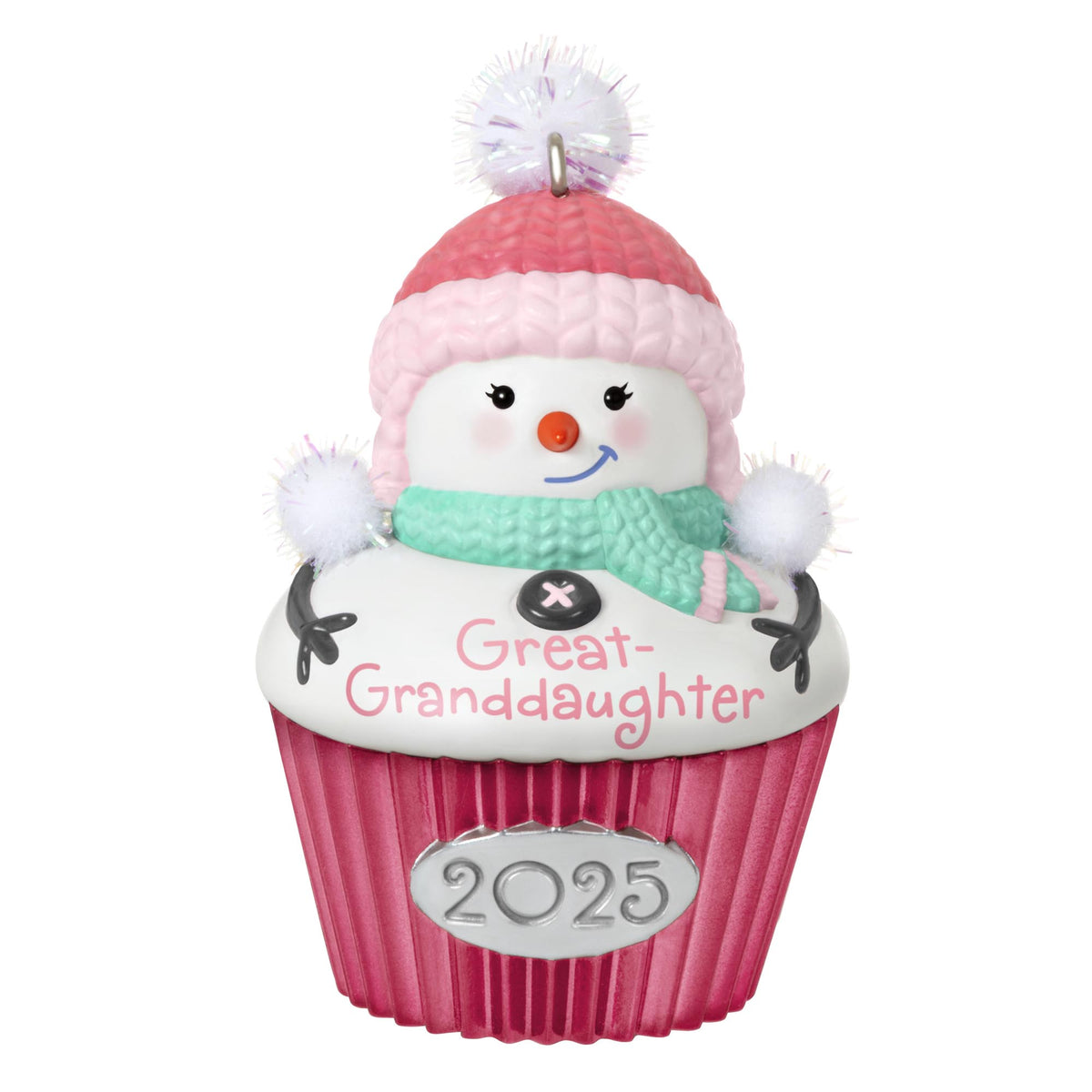 Great-Granddaughter — 2025 Hallmark Keepsake Christmas Ornament featuring a snow-girl cupcake design in pink and green, detailed view.
