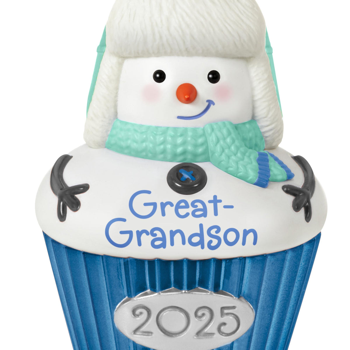 Great-Grandson — 2025 Hallmark Keepsake Christmas Ornament, snow-boy design, cupcake style, close-up view with details