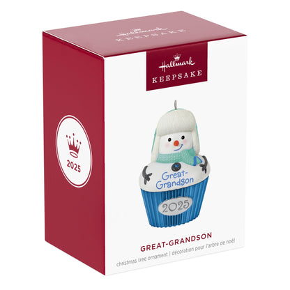 Great-Grandson — 2025 Hallmark Keepsake Christmas Ornament in festive packaging with snow-boy design and cupcake features.