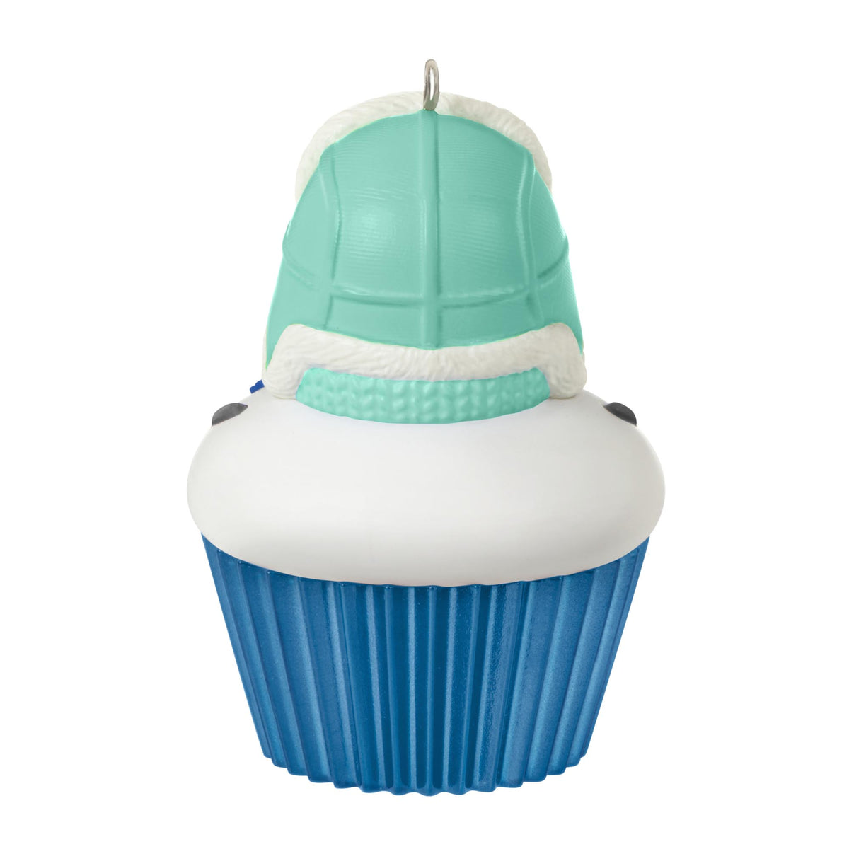 Great-Grandson — 2025 Hallmark Keepsake Christmas Ornament featuring a snow-boy cupcake design in green and blue with intricate details, close up view.