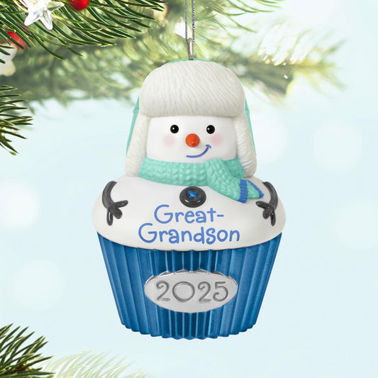 Great-Grandson — 2025 Hallmark Keepsake Christmas Ornament, snow-boy design, blue and white cupcake shape, hanging from tree branch