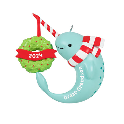 Great-Grandson Narwhal — Hallmark Keepsake Christmas Ornament features a blue narwhal with a scarf and green wreath, 2024 date.