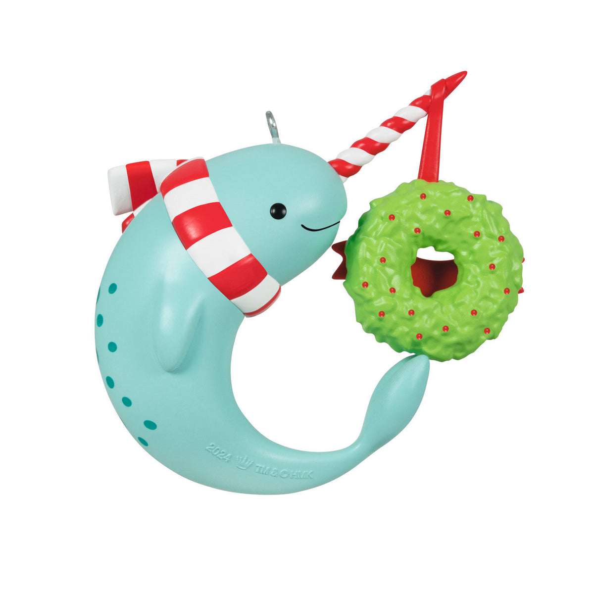Great-Grandson Narwhal — Hallmark Keepsake Christmas Ornament, blue plastic ornament featuring a narwhal with a scarf holding a green wreath.