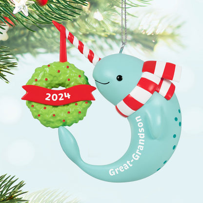 Great-Grandson Narwhal — Hallmark Keepsake Christmas Ornament, blue plastic decoration holding a green wreath, featuring 2024.