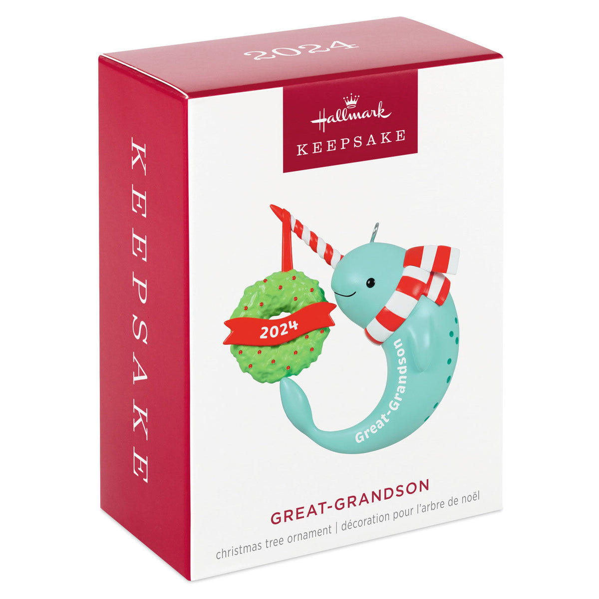 Great-Grandson Narwhal — Hallmark Keepsake Christmas Ornament in vibrant packaging featuring a whimsical narwhal and green wreath detail.
