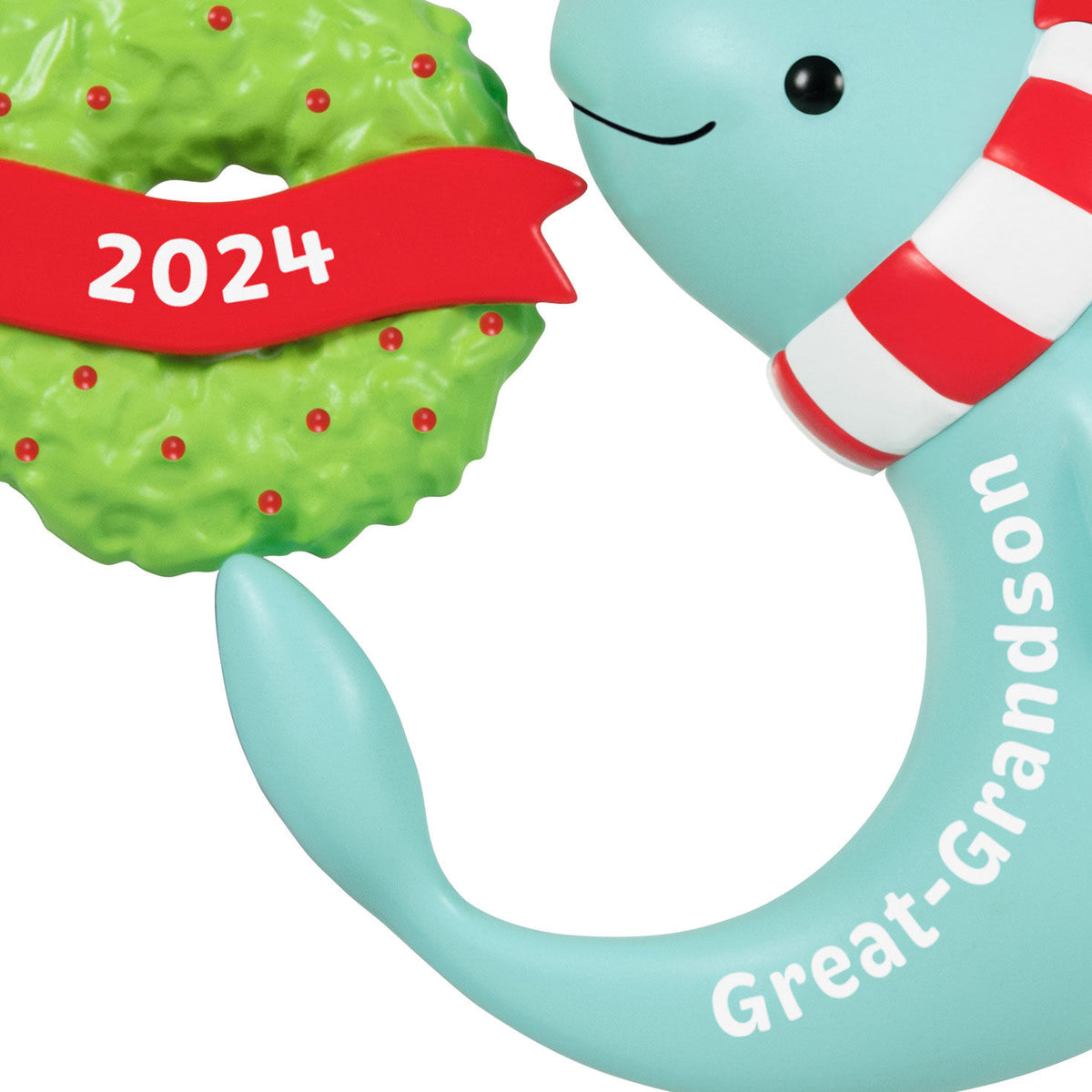 Great-Grandson Narwhal — Hallmark Keepsake Christmas Ornament, plastic ornament, blue narwhal with green wreath detail, 2024 date.