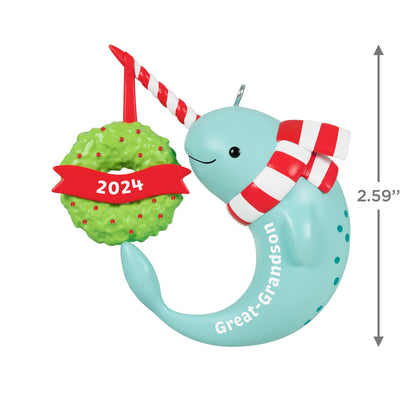 Great-Grandson Narwhal — Hallmark Keepsake Christmas Ornament, blue plastic with a striped scarf, holding a green wreath with 2024 detail.