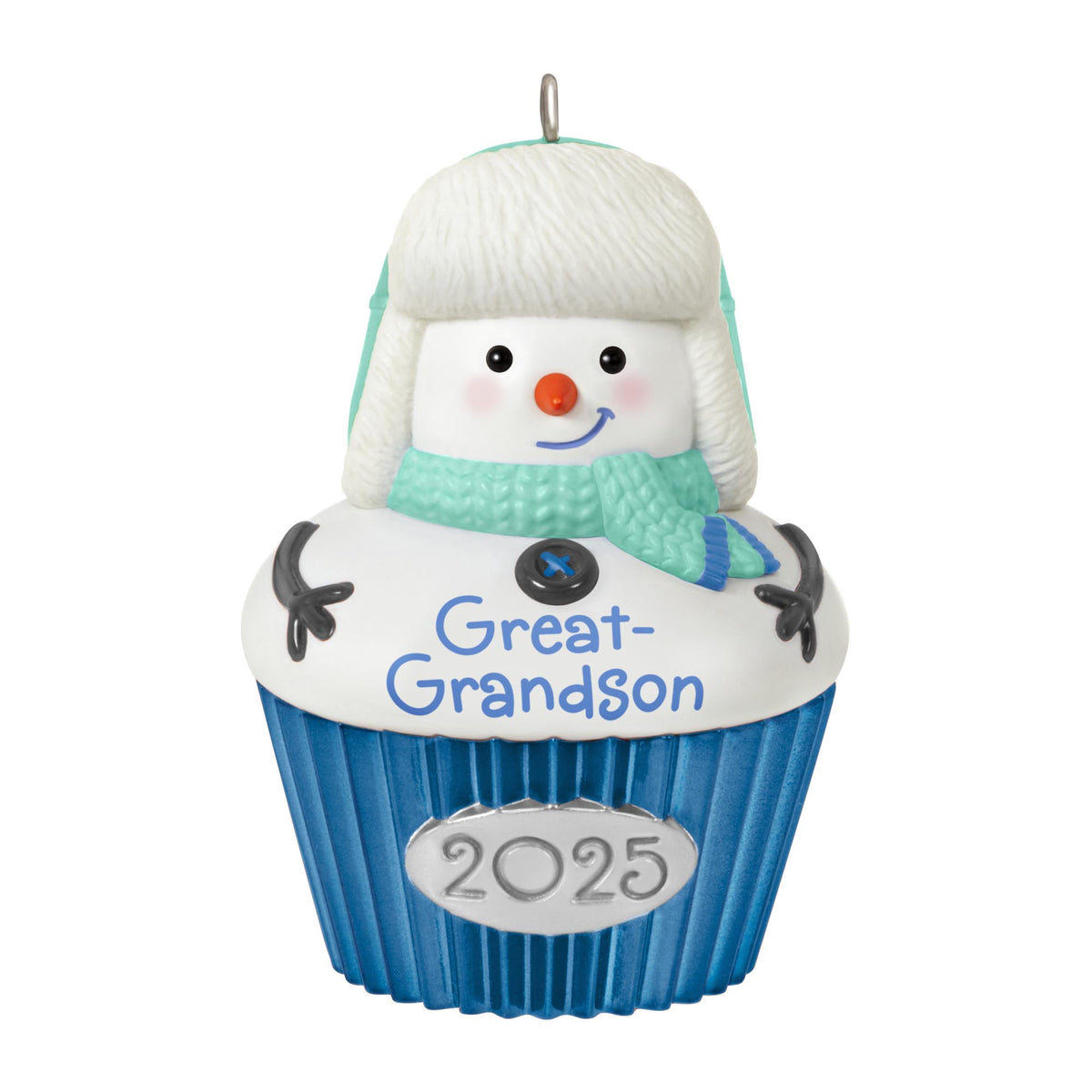 Great-Grandson — 2025 Hallmark Keepsake Christmas Ornament featuring smiling snow-boy in trapper hat, cupcake design, front view.
