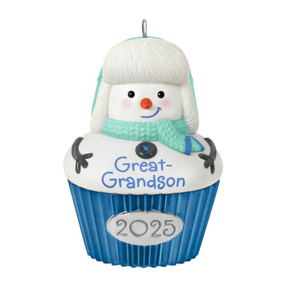 Great-Grandson — 2025 Hallmark Keepsake Christmas Ornament featuring smiling snow-boy in trapper hat, cupcake design, front view.