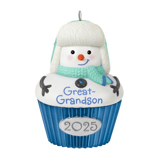 Great-Grandson — 2025 Hallmark Keepsake Christmas Ornament featuring smiling snow-boy in trapper hat, cupcake design, front view.
