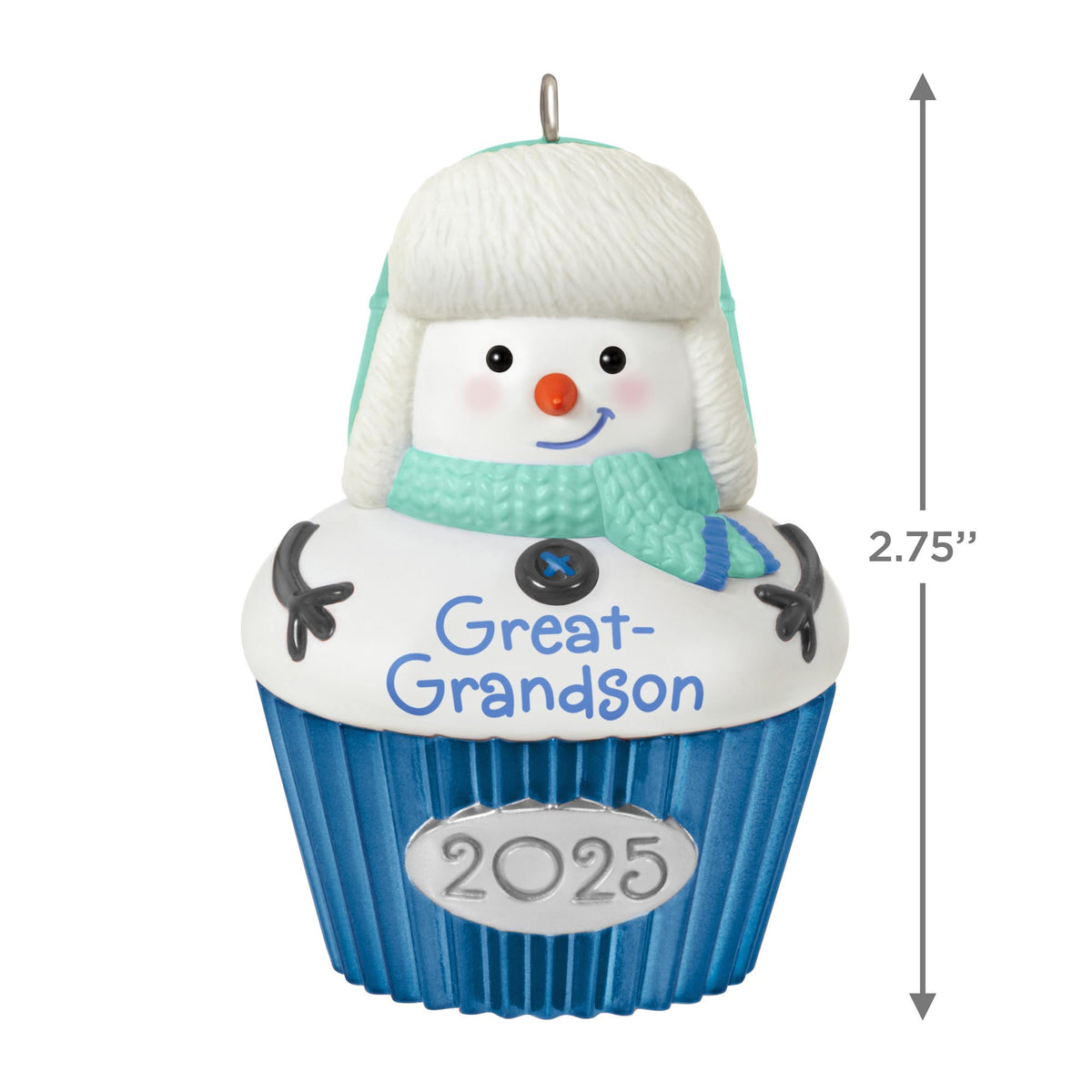 Great-Grandson — 2025 Hallmark Keepsake Christmas Ornament featuring a smiling snow-boy as a cupcake with a blue base and trapper hat.