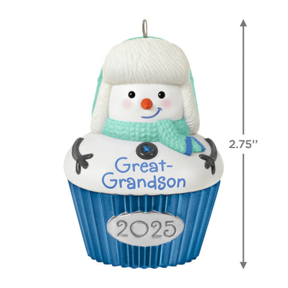 Great-Grandson — 2025 Hallmark Keepsake Christmas Ornament featuring a smiling snow-boy as a cupcake with a blue base and trapper hat.