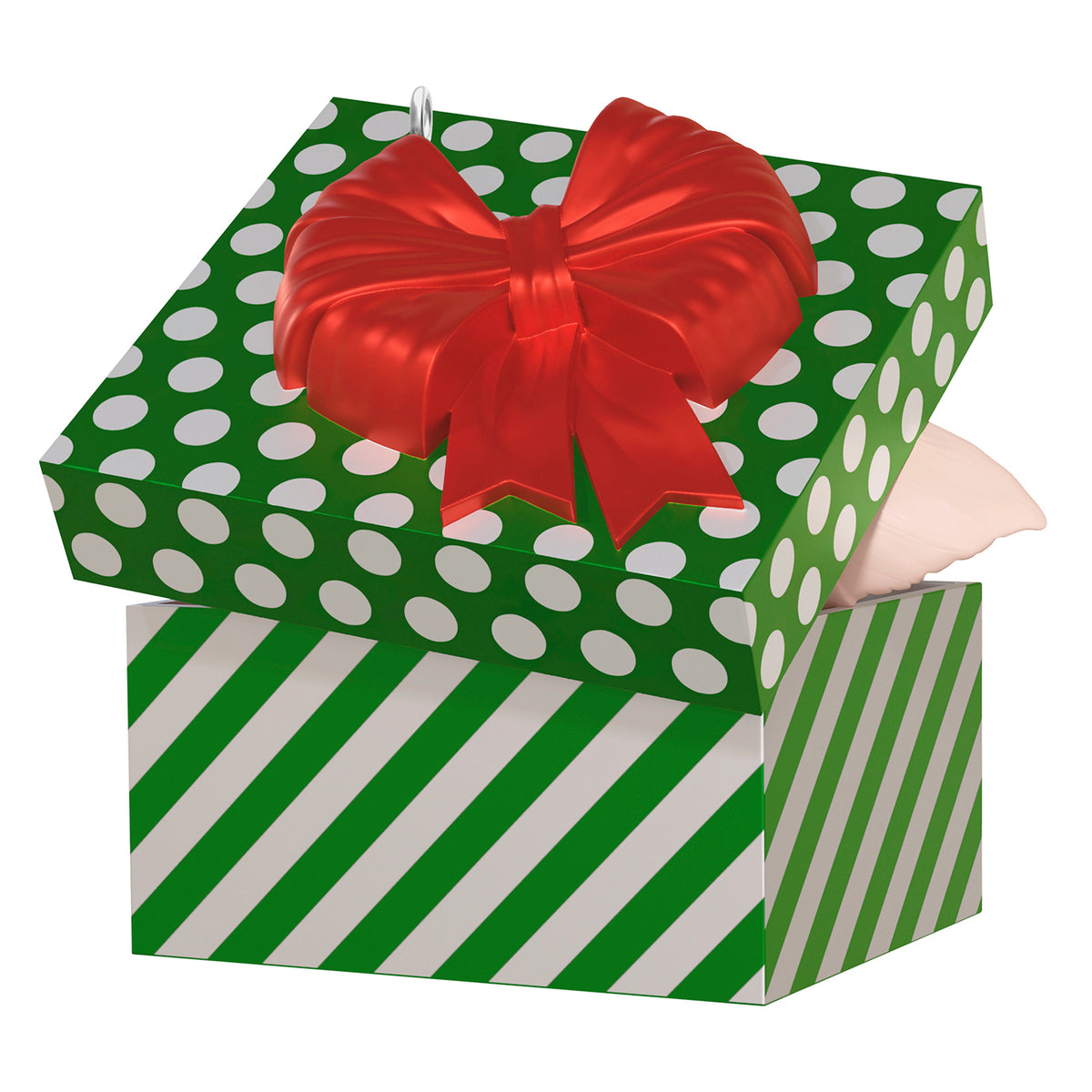 Gremlins Gizmo — 2026 Hallmark Keepsake Christmas Ornament in a green and white striped box with a red bow, festive design.
