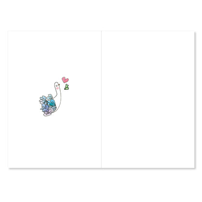 Card with a colorful crocodile illustration and heart on a white background
