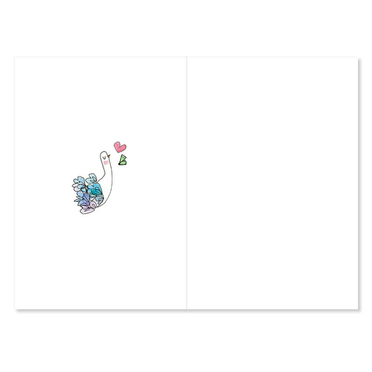 Card with a colorful crocodile illustration and heart on a white background