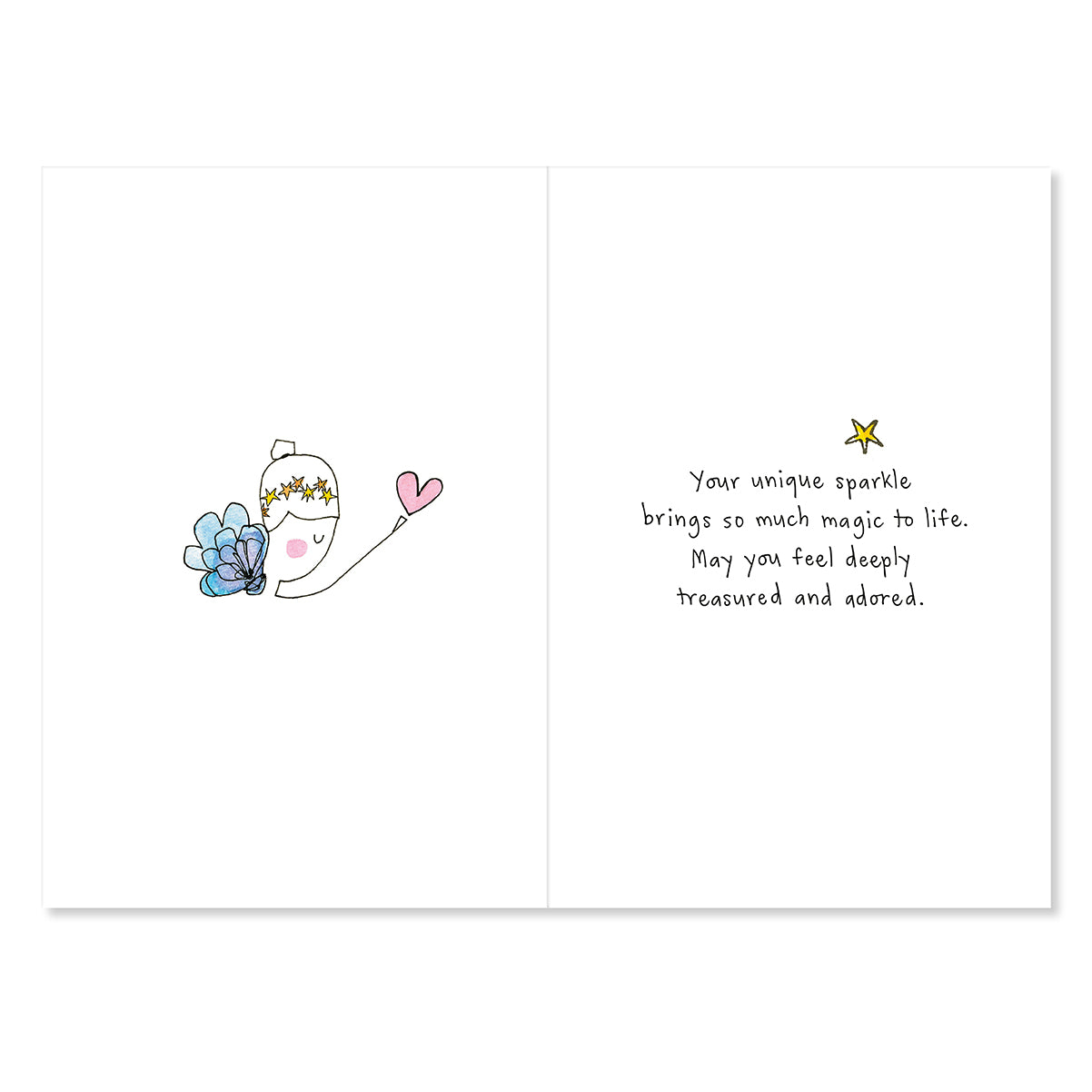 Greeting card with a cartoon character and inspirational message on a white background