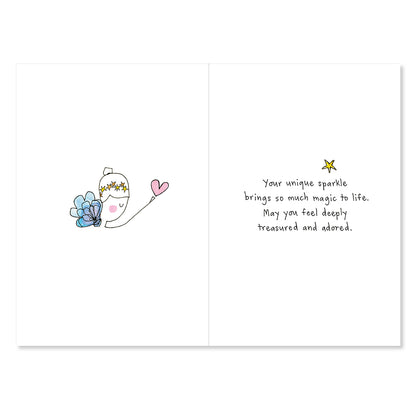 Greeting card with a cartoon character and inspirational message on a white background