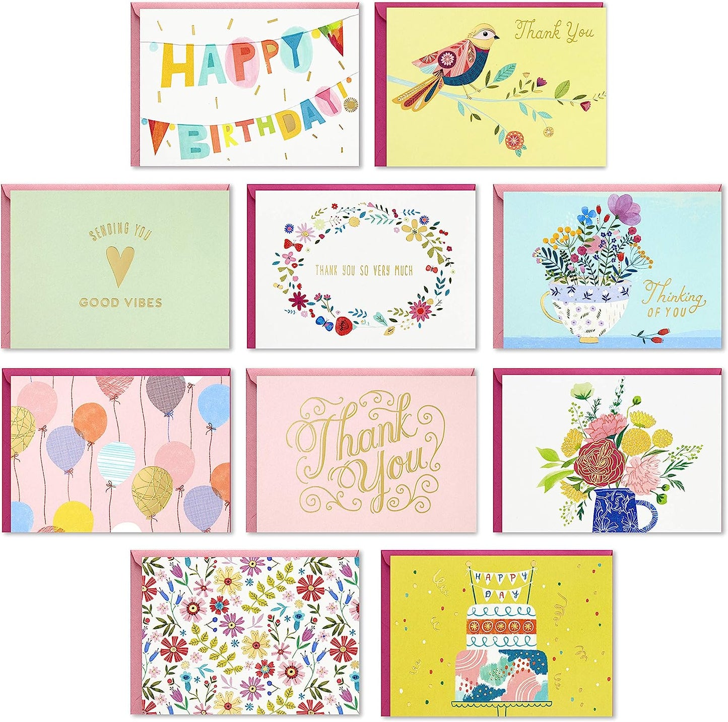 Hallmark Pack of 30 Assorted Boxed Greeting Cards, Good Vibes - birthday and thank you cards, colourful designs with foil accents