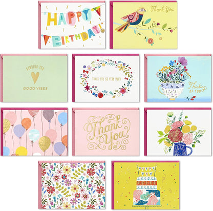Hallmark Pack of 30 Assorted Boxed Greeting Cards, Good Vibes - birthday and thank you cards, colourful designs with foil accents
