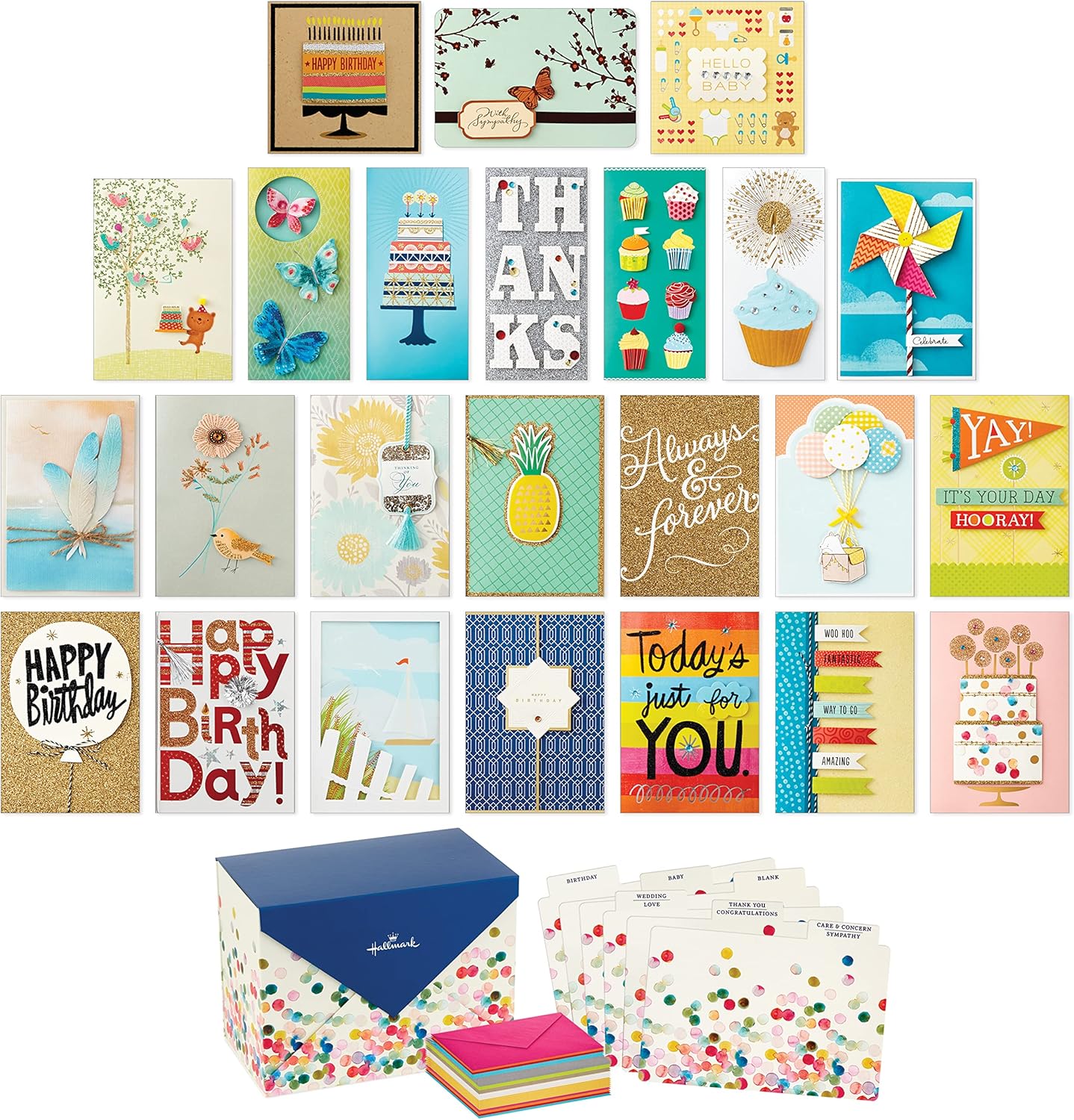 Hallmark All Occasion Handmade Boxed Set of Assorted Greeting Cards with Card Organizer (Pack of 24) featuring colourful designs and envelopes, flat lay composition.