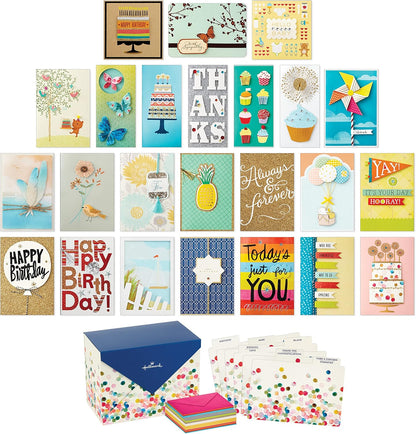 Hallmark All Occasion Handmade Boxed Set of Assorted Greeting Cards with Card Organizer (Pack of 24) featuring colourful designs and envelopes, flat lay composition.