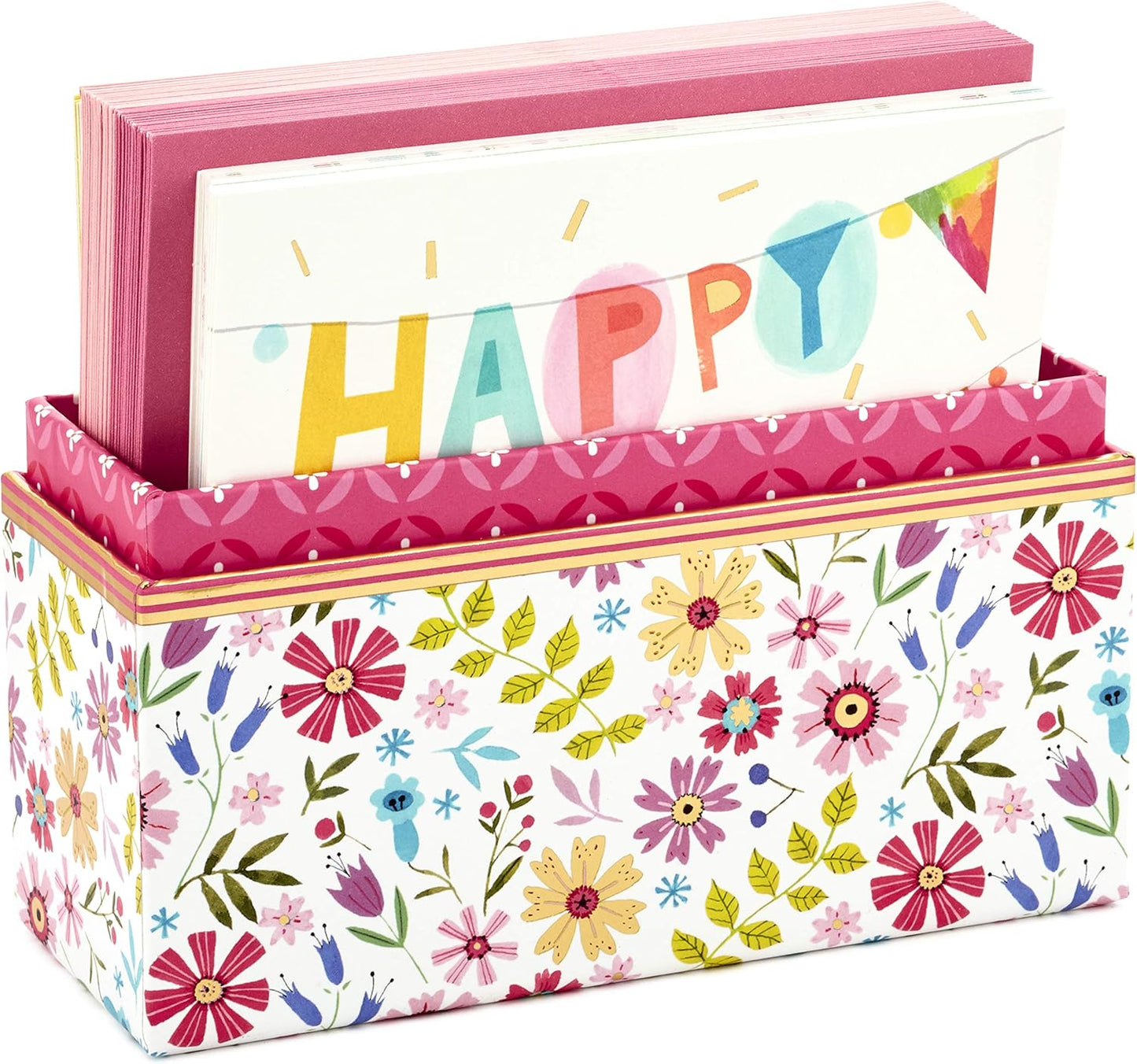 Hallmark Pack of 30 Assorted Boxed Greeting Cards, Good Vibes - Birthday Cards, Thinking of You Cards, Thank You Cards, Blank Cards in a decorative floral storage box with colourful envelopes.