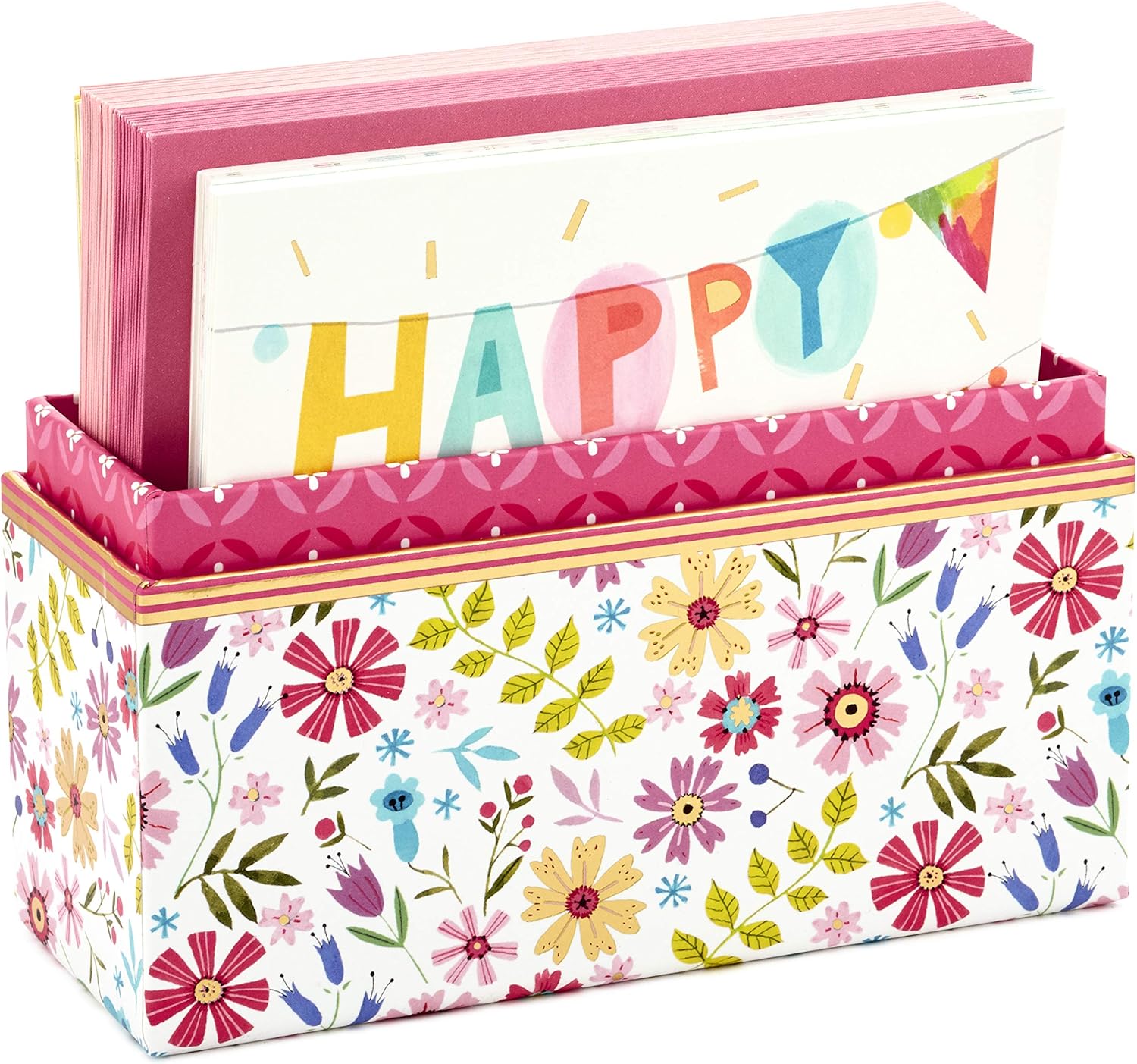 Hallmark Pack of 30 Assorted Boxed Greeting Cards, Good Vibes - Birthday Cards, Thinking of You Cards, Thank You Cards, Blank Cards in a decorative floral storage box with colourful envelopes.