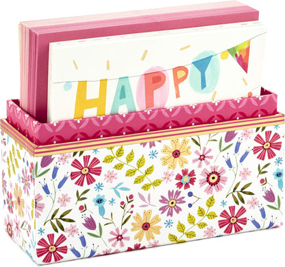 Hallmark Pack of 30 Assorted Boxed Greeting Cards, Good Vibes - Birthday Cards, Thinking of You Cards, Thank You Cards, Blank Cards in a decorative floral storage box with colourful envelopes.
