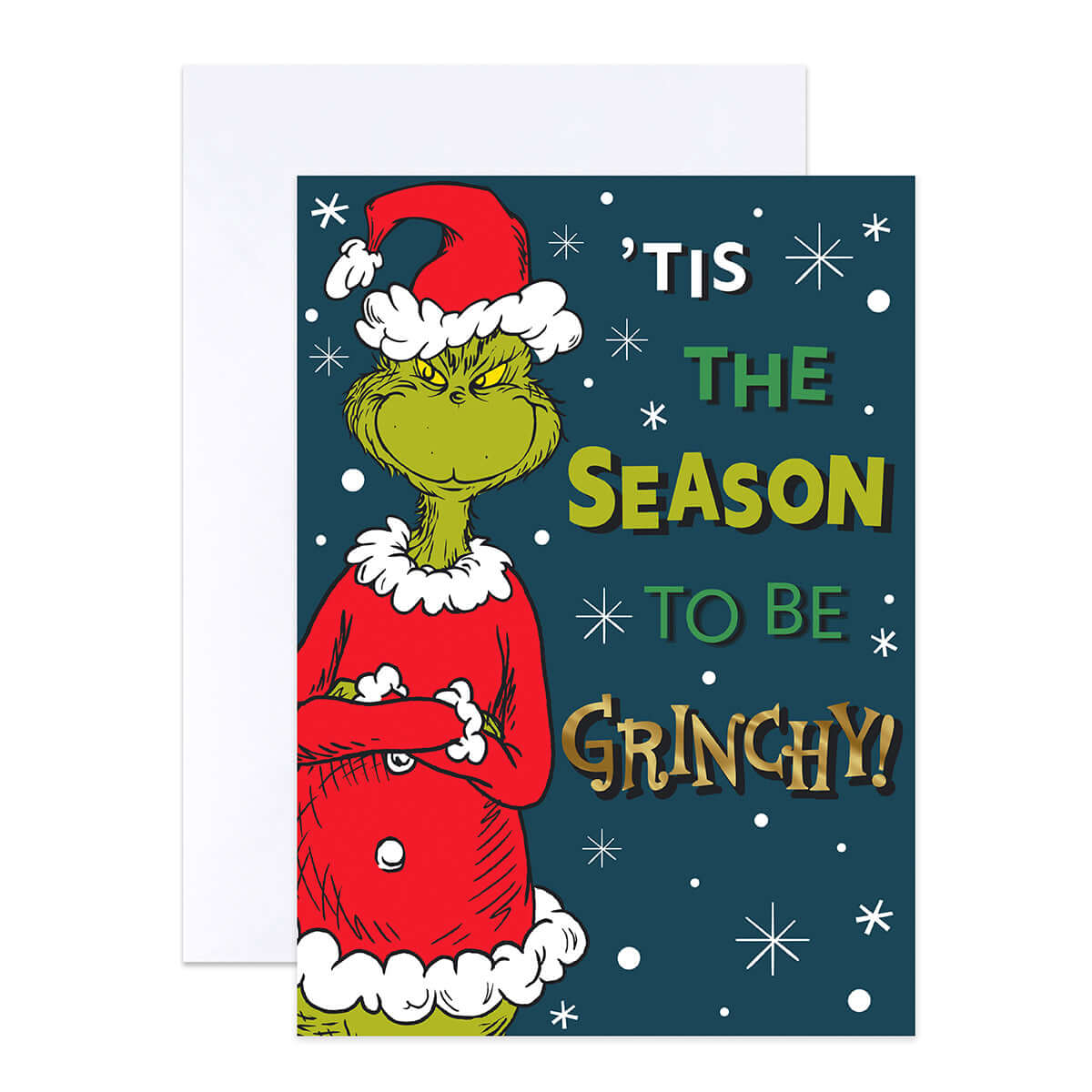 Hallmark Boxed Christmas Cards 10 Pack - The Grinch featuring an illustration of The Grinch in a Santa hat, gold foil highlights, flat lay position.
