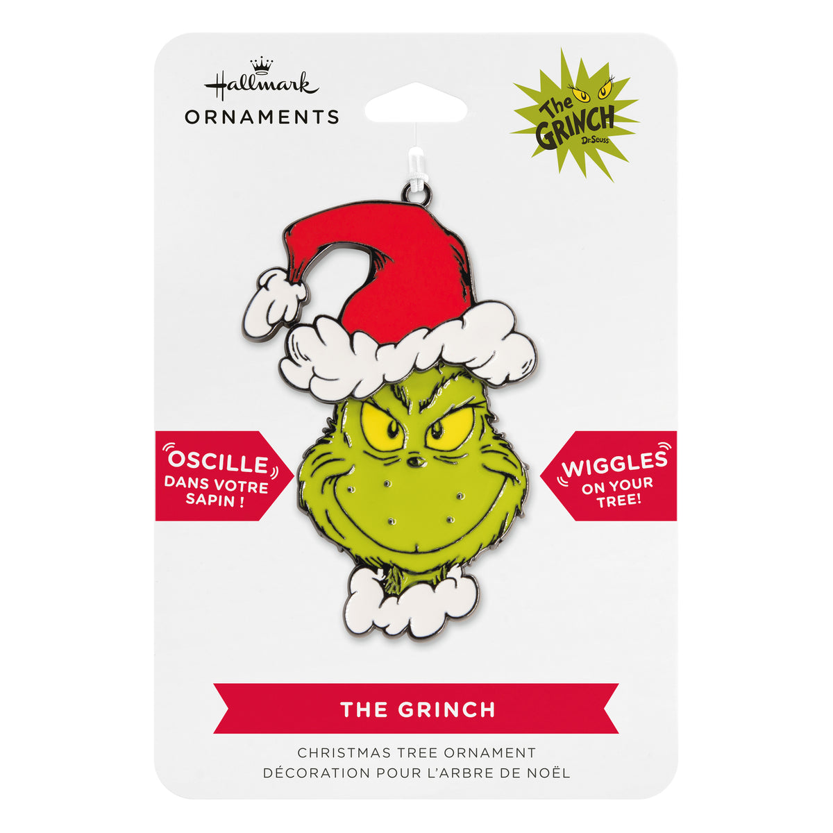 Hallmark Christmas Ornament - Dr. Seuss's How the Grinch Stole Christmas! Grinch in Santa Hat Moving Metal, flat lay view on packaging.