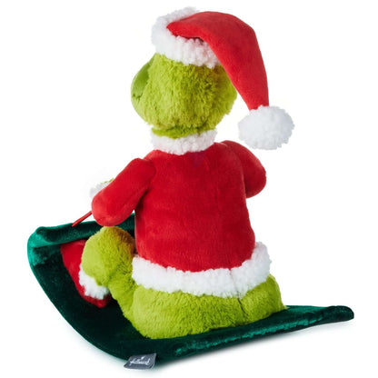 Dr. Seuss's How the Grinch Stole Christmas!™ Grinch on sled musical plush with motion, back view showing Santa suit and sled detail.