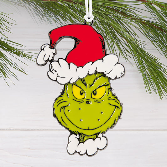 Hallmark Christmas Ornament - Dr. Seuss's How the Grinch Stole Christmas! Grinch in Santa Hat Moving Metal, detailed view of head wiggle mechanism and vibrant red hat.